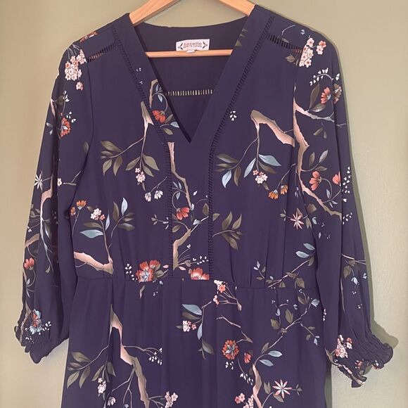 Nanette Lepore Navy Floral Print Ruffled Knee Length 3/4 Sleeve Dress Sz 10 - Picture 3 of 8